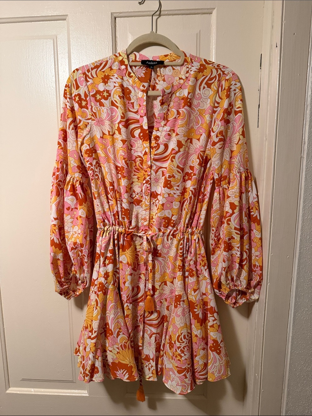Aakaa Pink & Orange Floral Tie-Waist Long Sleeve Mini Dress